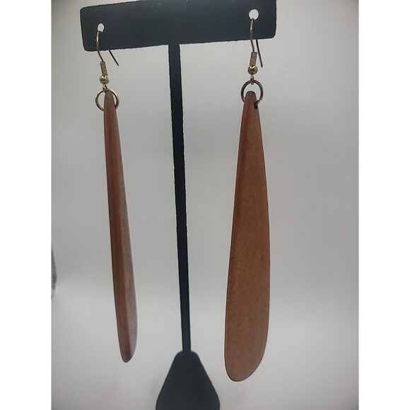 Vintage Earrings Pierced Hook Drop Dangle Wooden Teardrop Jewelry Costume - Picture 2 of 10